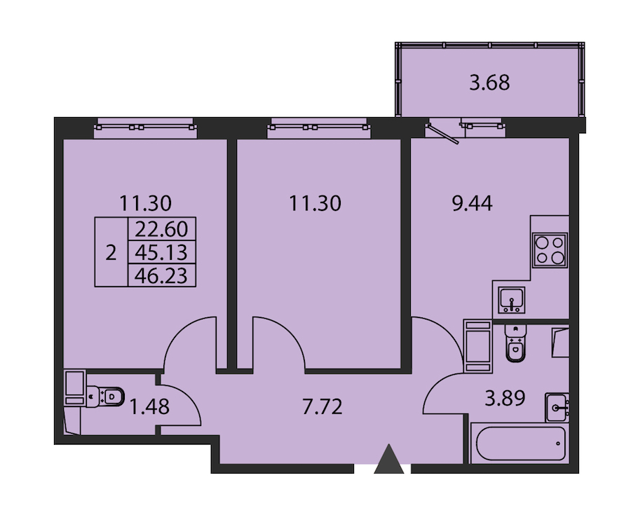 2-комнатная квартира 45.13 м², 12/12 эт., ЖК «Полис ЛАВрики»